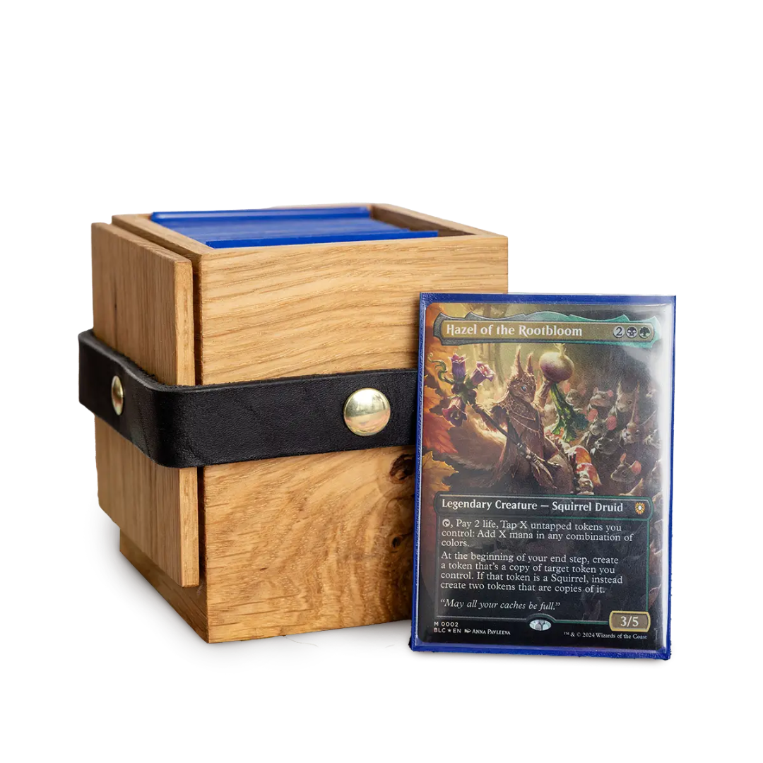 Wooden card holder with a leather strap and a trading card